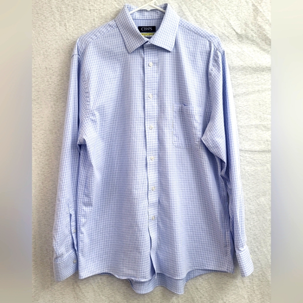 Chaps Men's Comfort Fit Wrinkle Free Blue/White‎ Plaid Dress Shirt Size 34/35